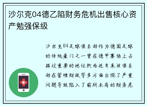 沙尔克04德乙陷财务危机出售核心资产勉强保级 沙尔克04德乙陷财务危机出售核心资产勉强保级